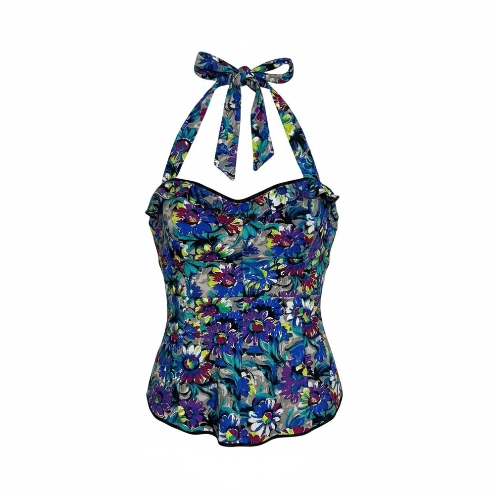 Anthropologie Odille Floral Halter Top 8 Blue Sweetheart Retro‎ Pinup Cotton